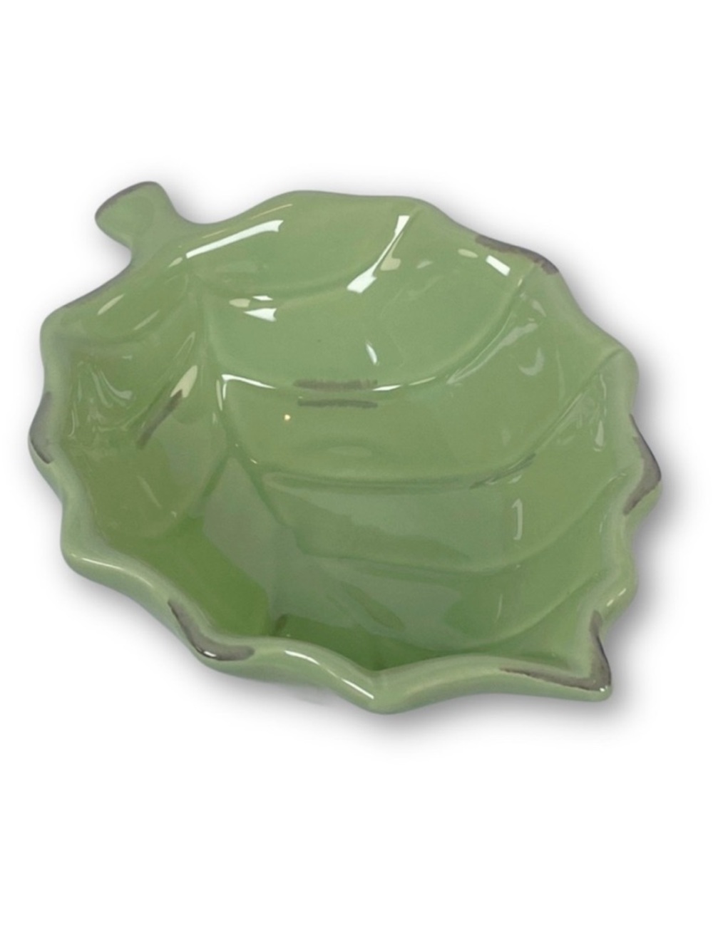 Vintage Ceramic Decorative 6” Green Leaf Shaped Dipping Bowl Candy Dish